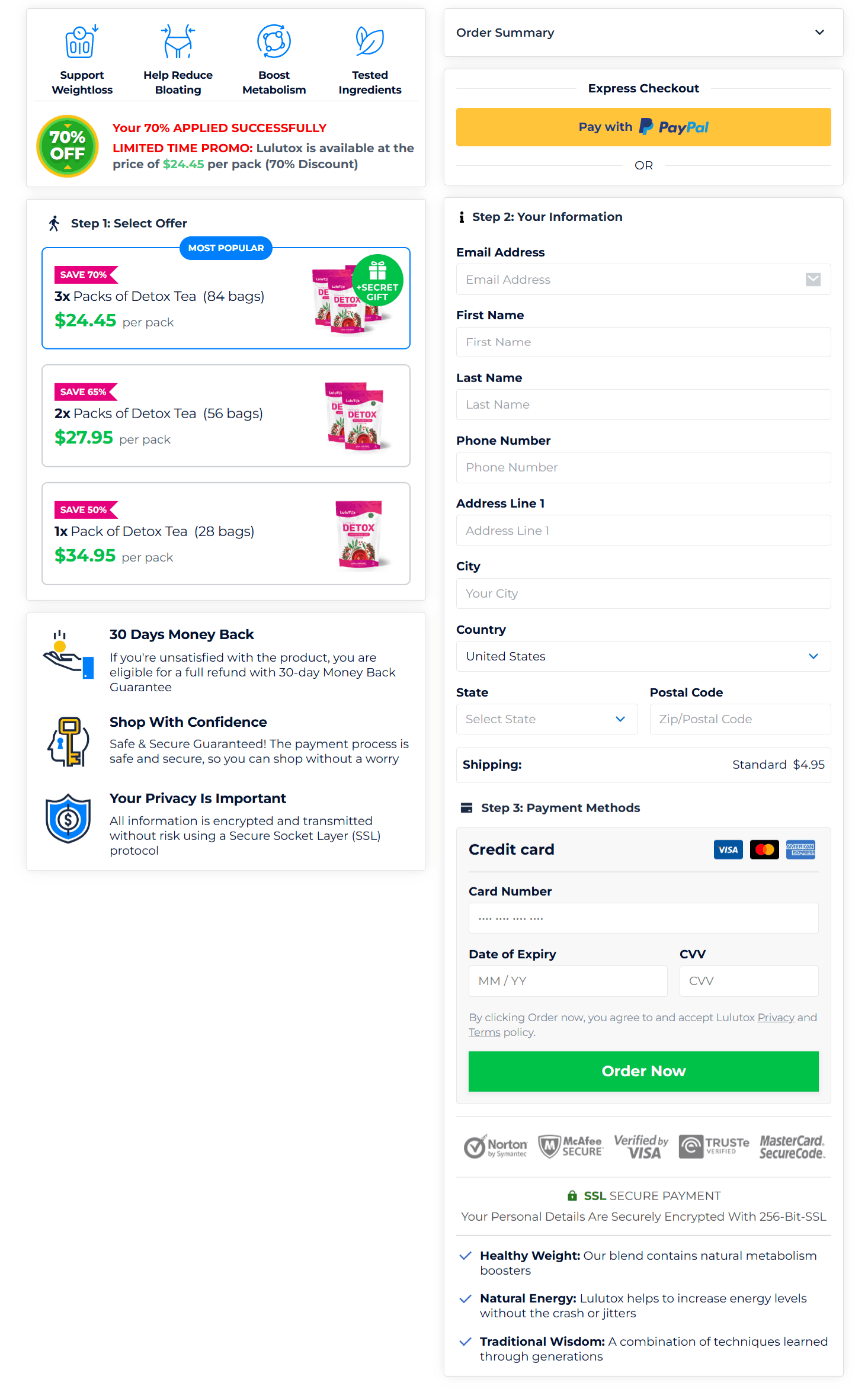Lulutox Detox Tea checkout page